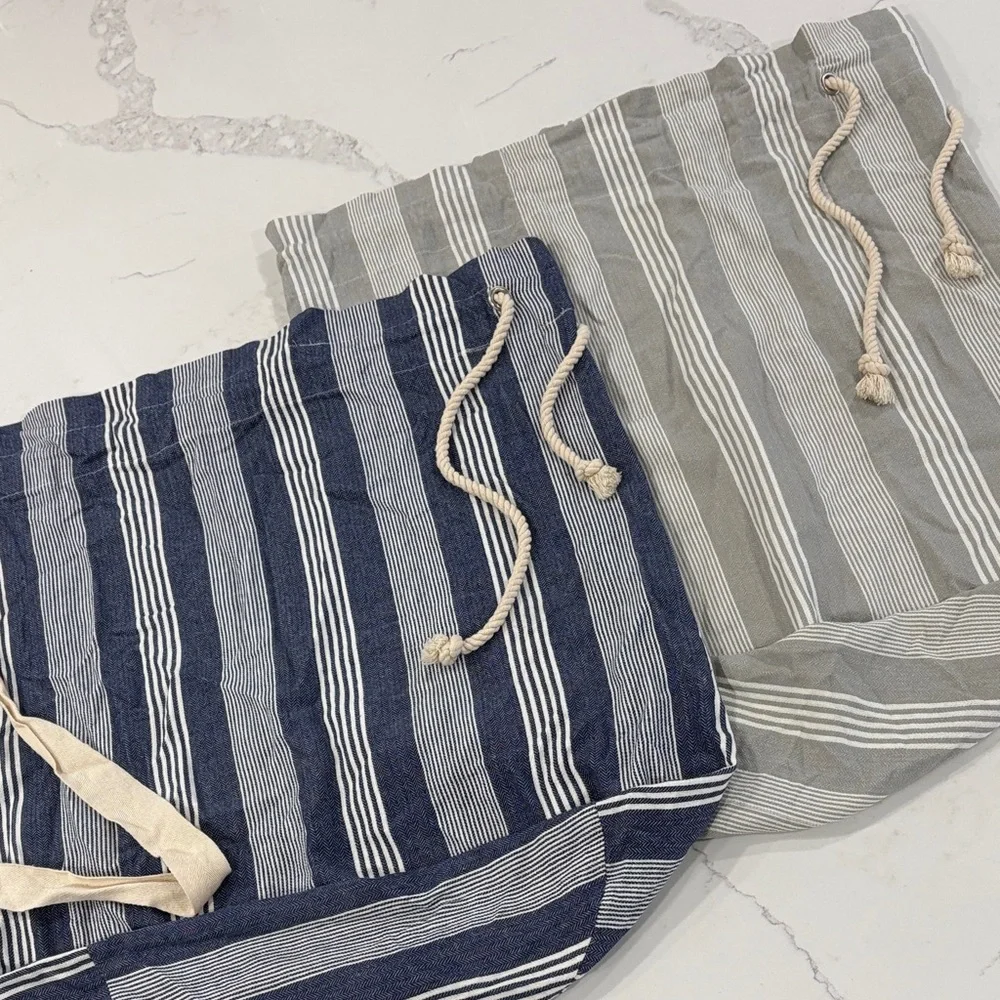 Set of 2 Striped Cotton Canvas Large Laundry Bags - Navy Blue, Grey, White